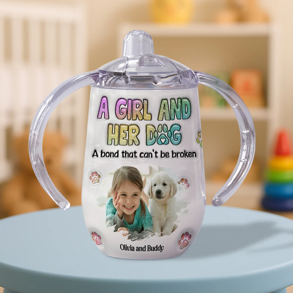 A Baby And Her Dog Photo - Personalized Custom 3D Inflated Effect Sippy Cup With Handles