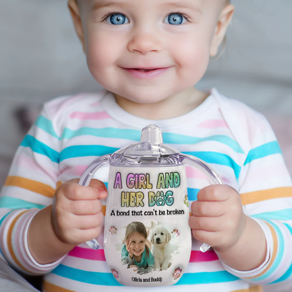A Baby And Her Dog Photo - Personalized Custom 3D Inflated Effect Sippy Cup With Handles - Image 2