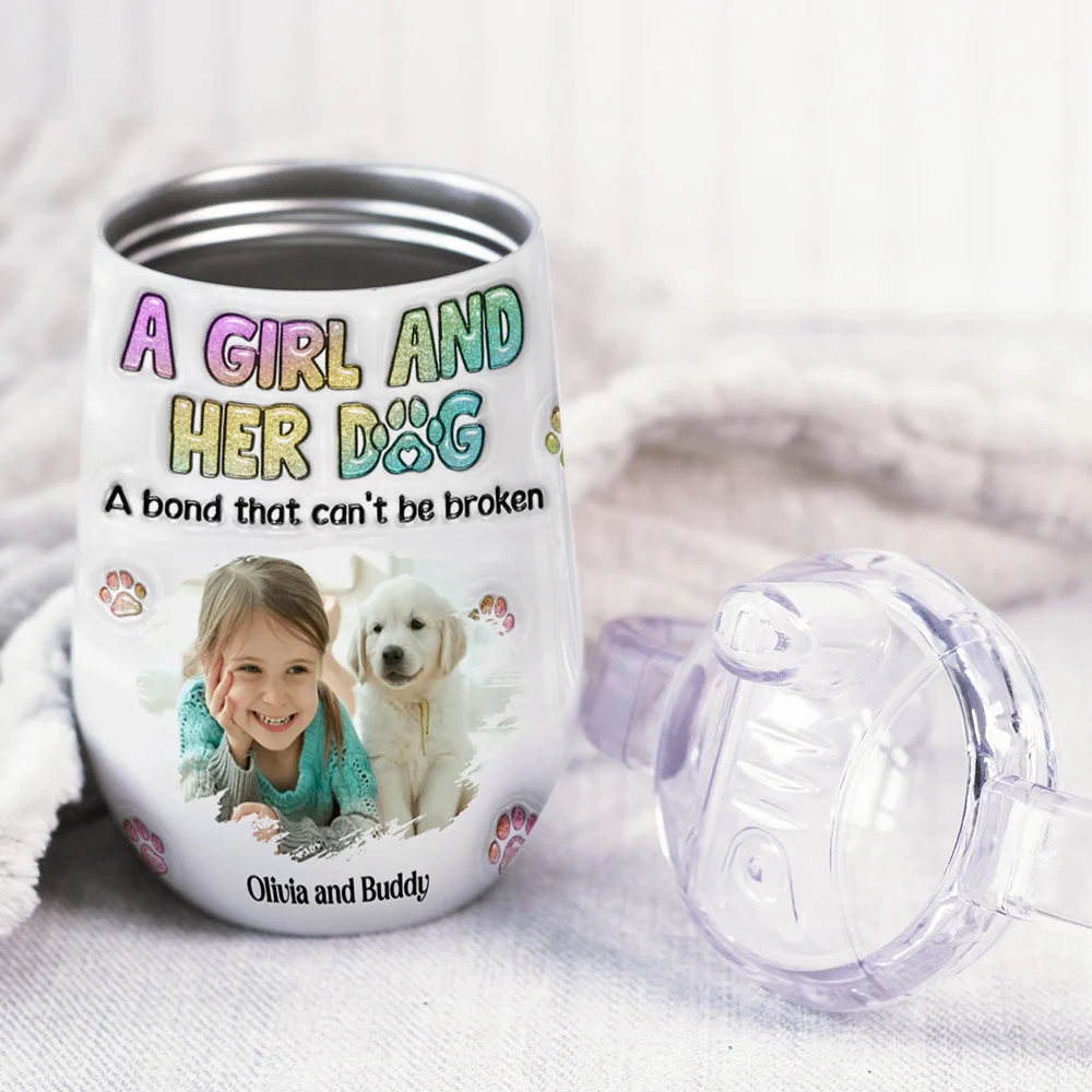 A Baby And Her Dog Photo - Personalized Custom 3D Inflated Effect Sippy Cup With Handles - Image 3