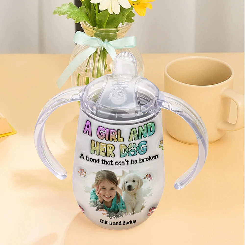 A Baby And Her Dog Photo - Personalized Custom 3D Inflated Effect Sippy Cup With Handles - Image 4