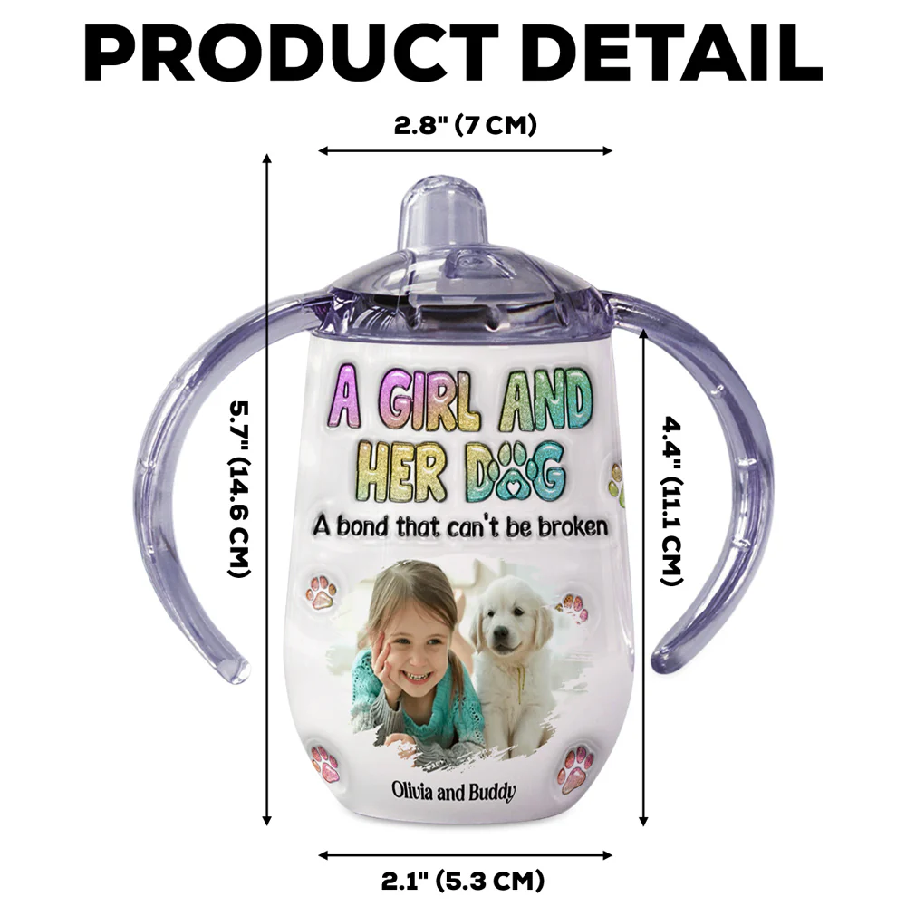 A Baby And Her Dog Photo - Personalized Custom 3D Inflated Effect Sippy Cup With Handles - Image 5