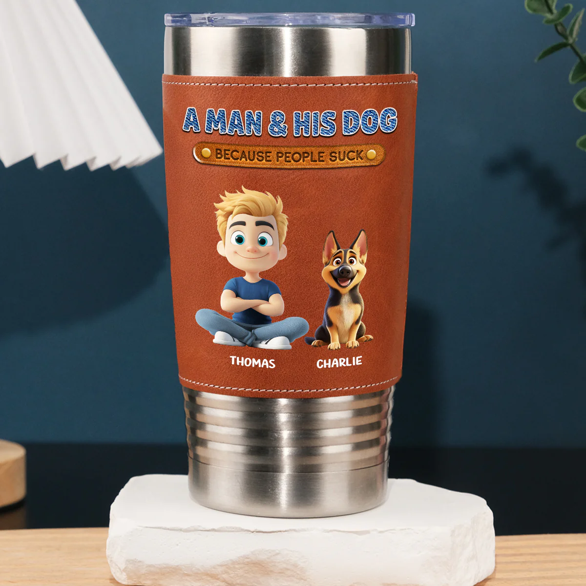 A Gentleman And His Dog - Personalized Custom Leather Tumbler