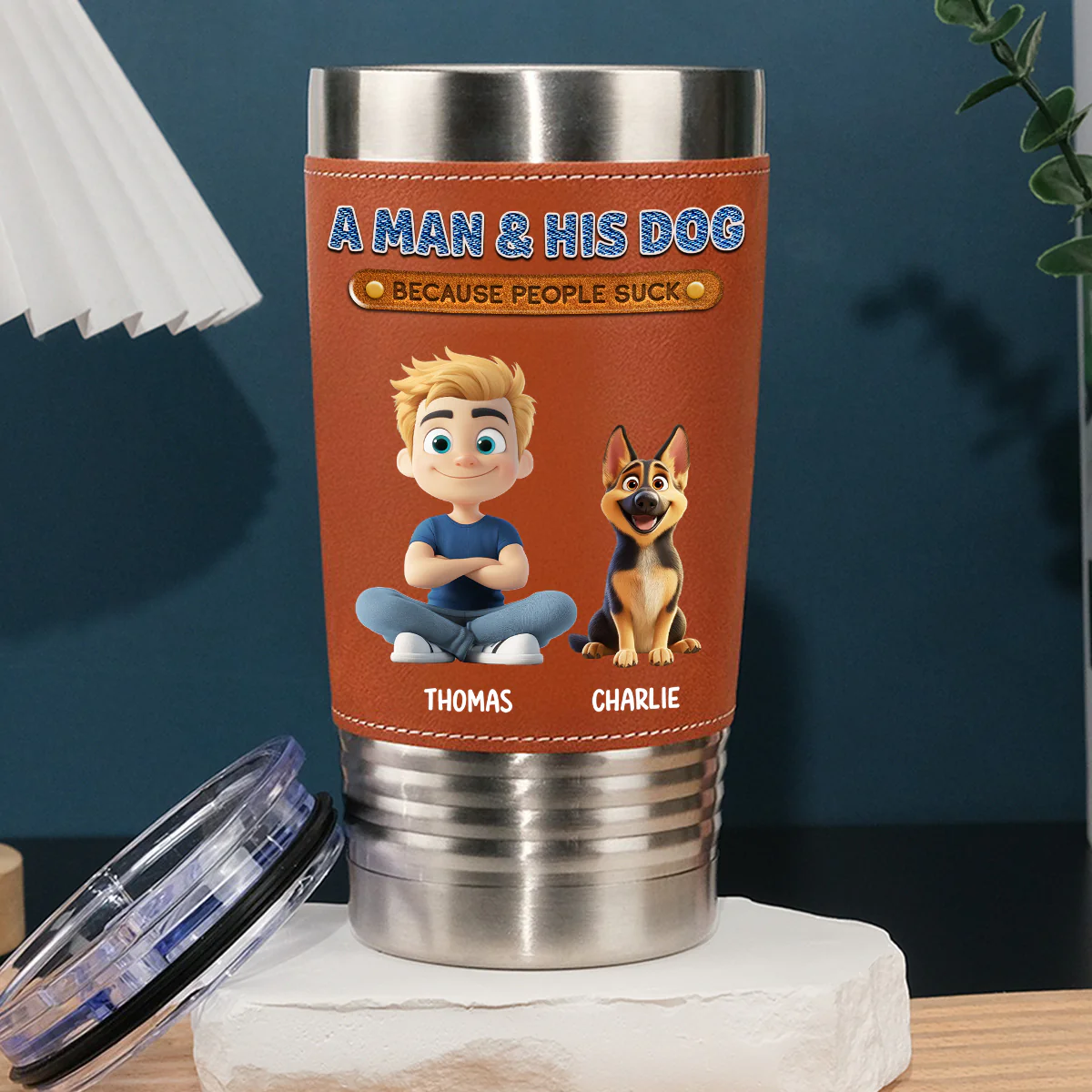 A Gentleman And His Dog - Personalized Custom Leather Tumbler - Image 2