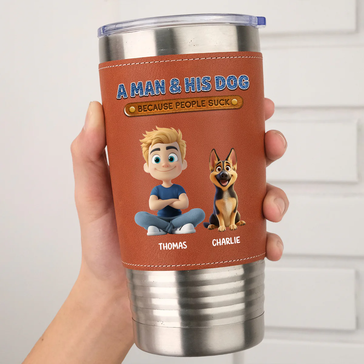 A Gentleman And His Dog - Personalized Custom Leather Tumbler - Image 3