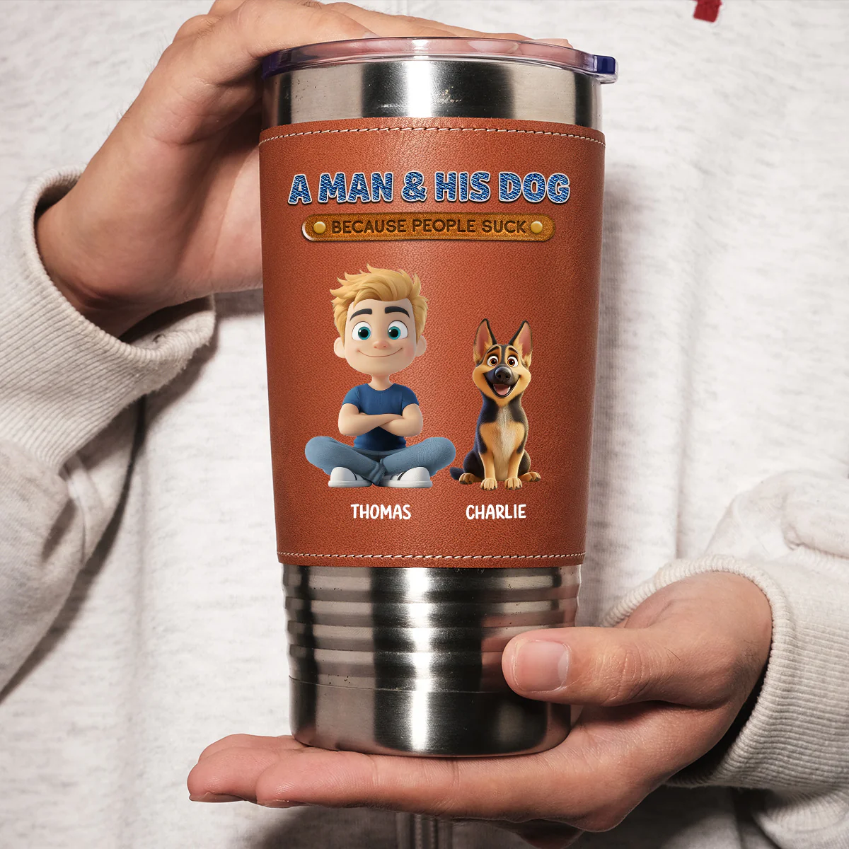 A Gentleman And His Dog - Personalized Custom Leather Tumbler - Image 4
