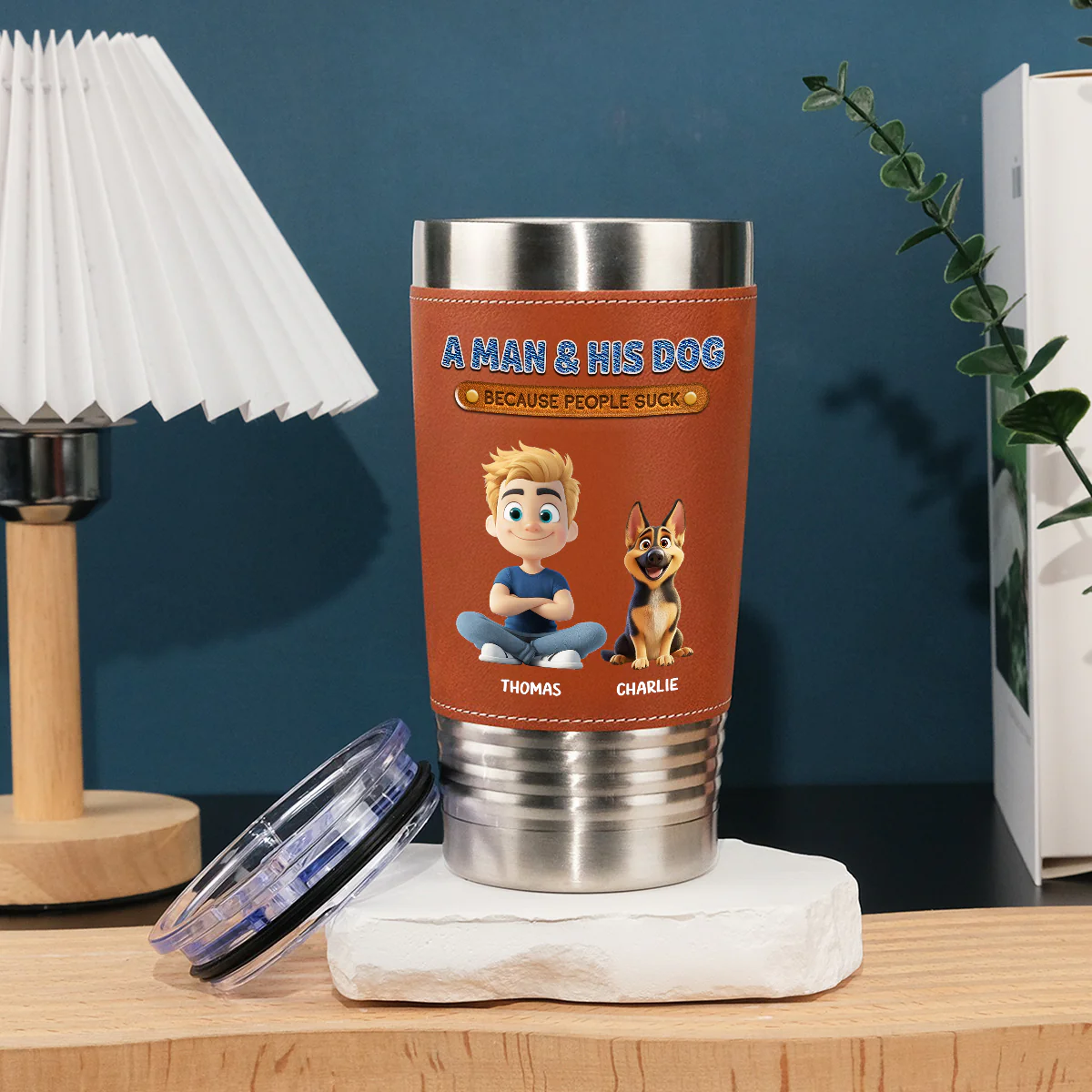 A Gentleman And His Dog - Personalized Custom Leather Tumbler - Image 5