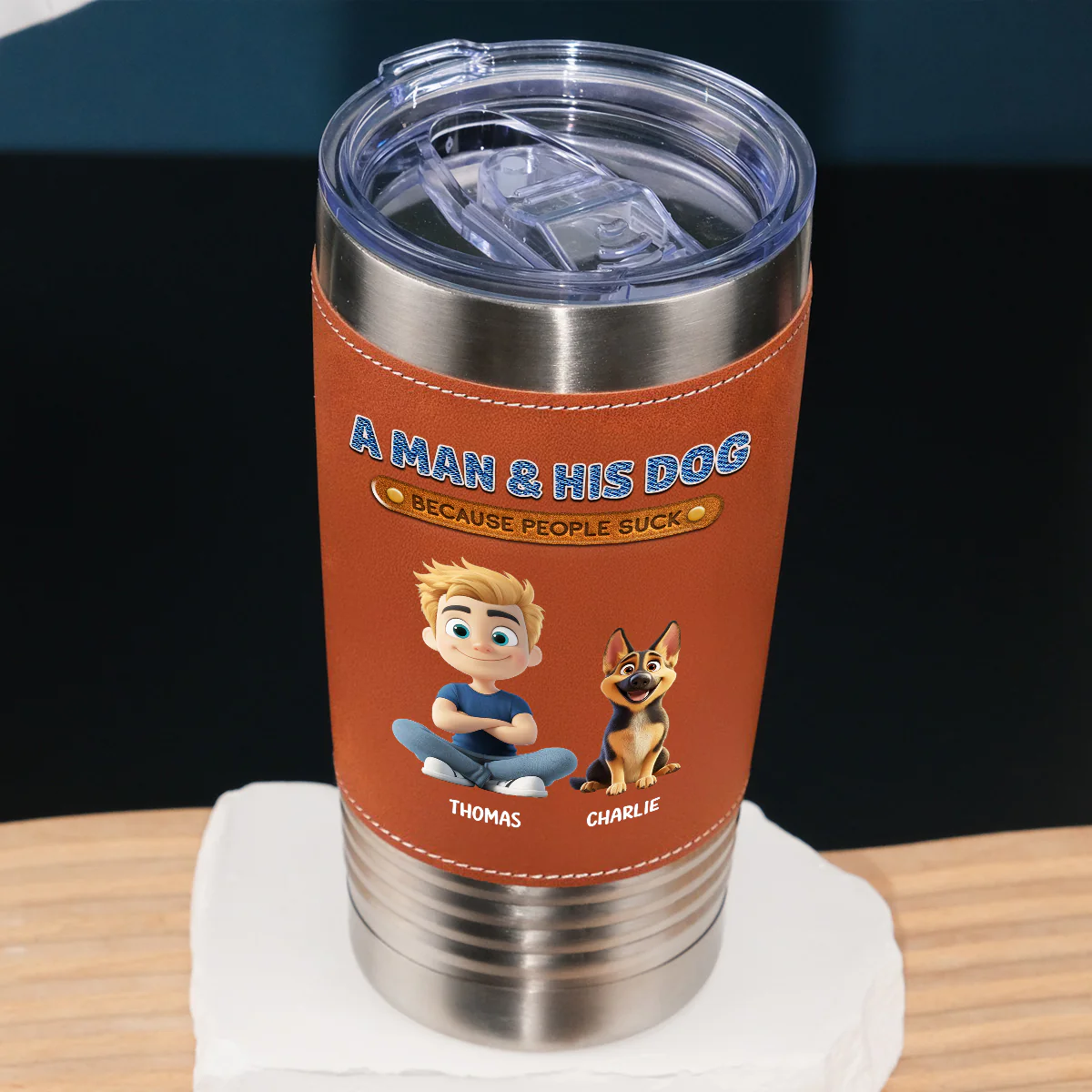 A Gentleman And His Dog - Personalized Custom Leather Tumbler - Image 6