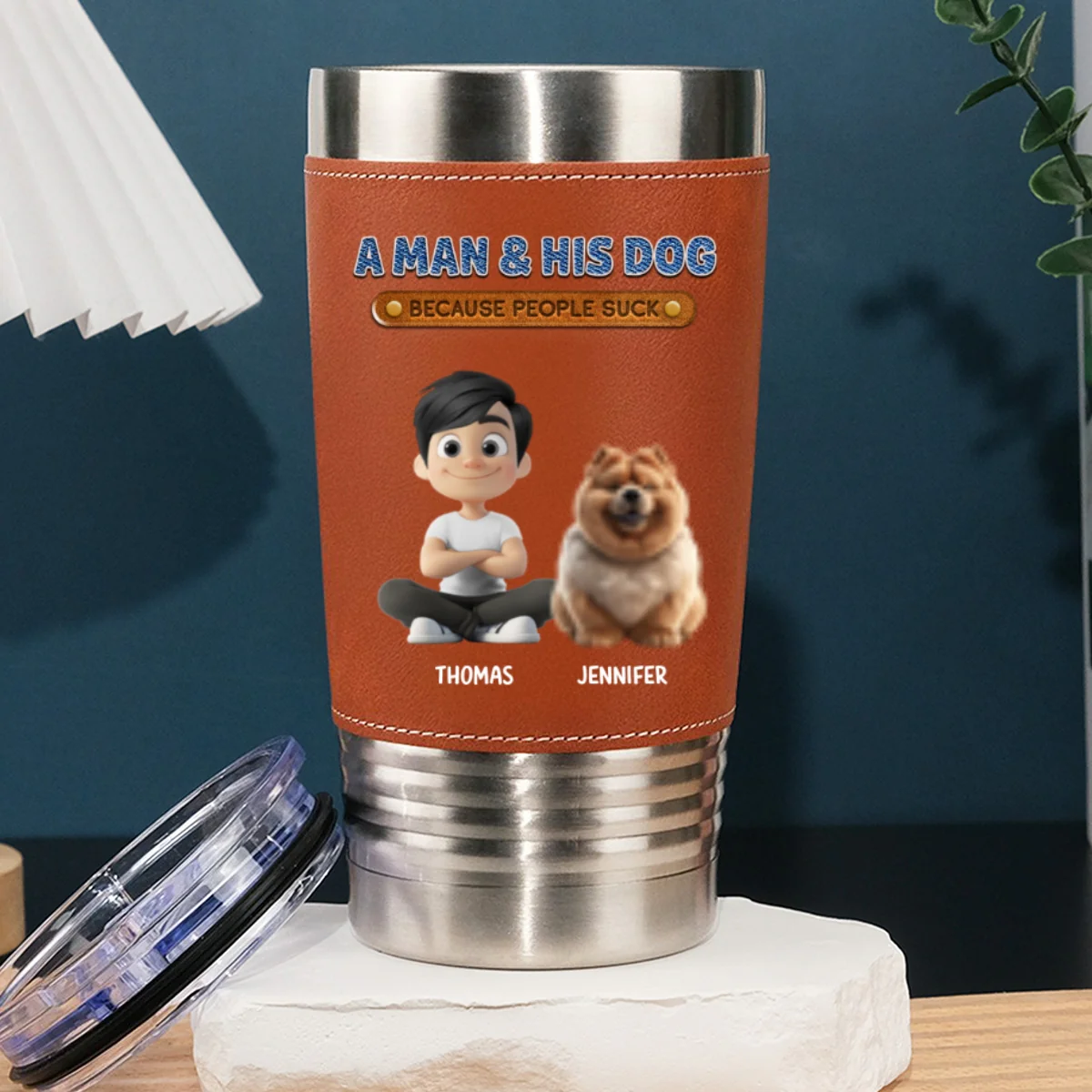 A Gentleman And His Dog - Personalized Custom Leather Tumbler - Image 7