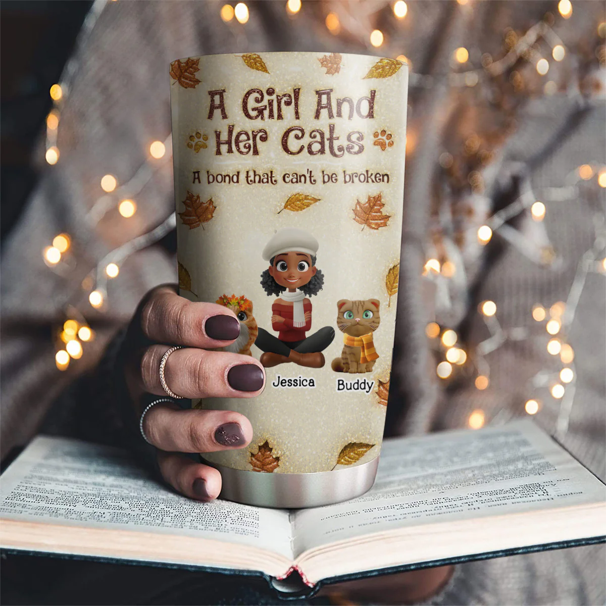 A Girl And Her Cat Autumn - Personalized Custom 3D Inflated Effect Tumbler - Image 2