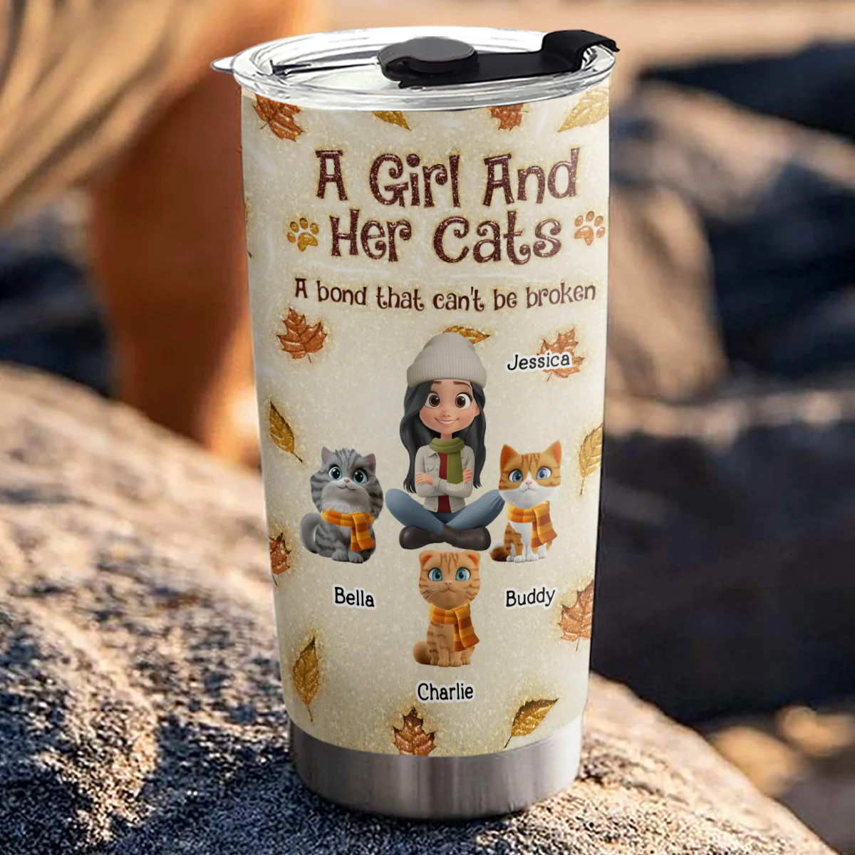 A Girl And Her Cat Autumn - Personalized Custom 3D Inflated Effect Tumbler - Image 3