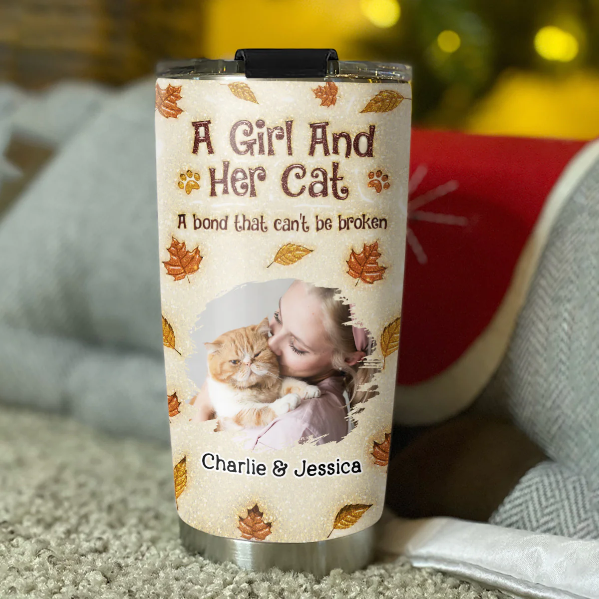 A Girl And Her Cat Autumn Photo - Personalized Custom 3D Inflated Effect Tumbler