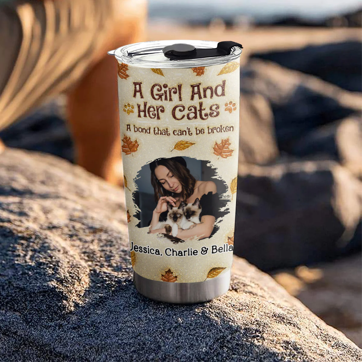A Girl And Her Cat Autumn Photo - Personalized Custom 3D Inflated Effect Tumbler - Image 2
