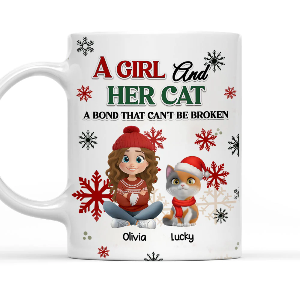A Girl And Her Cat Love Christmas - Personalized Custom Coffee Mug