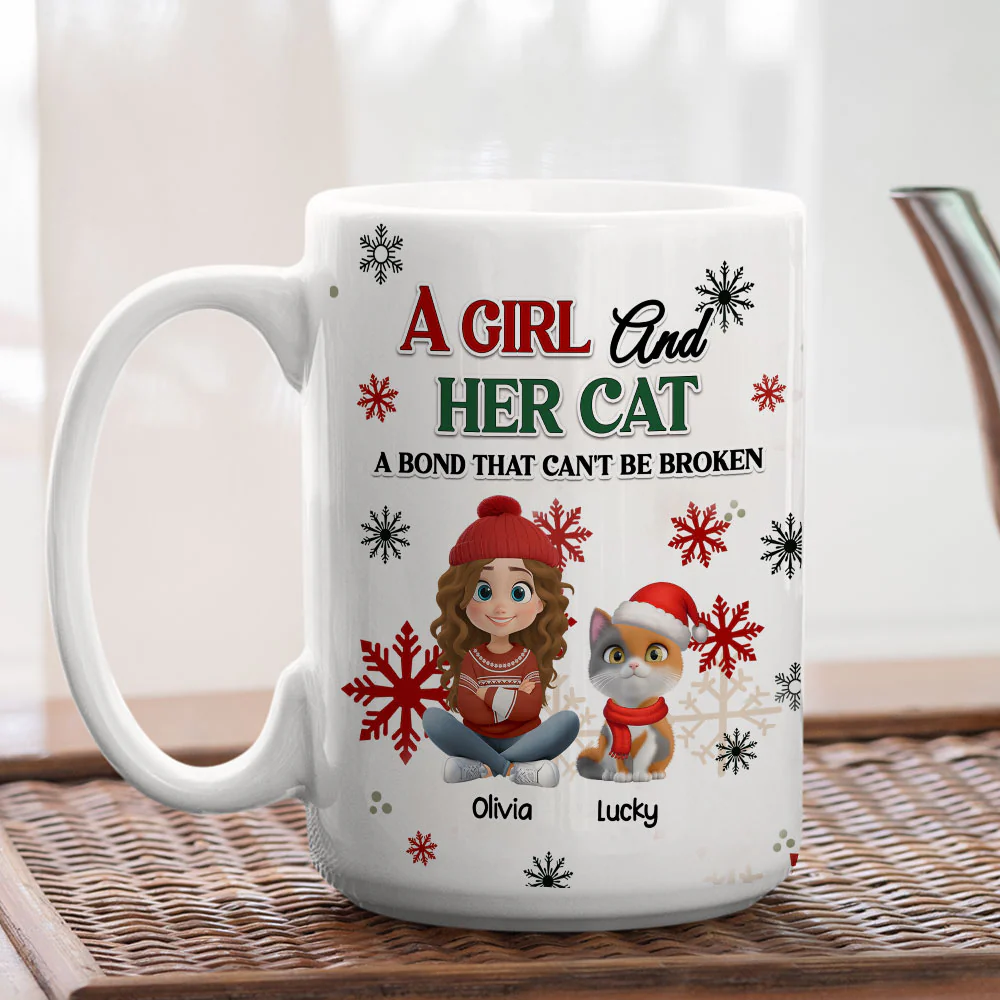 A Girl And Her Cat Love Christmas - Personalized Custom Coffee Mug - Image 2