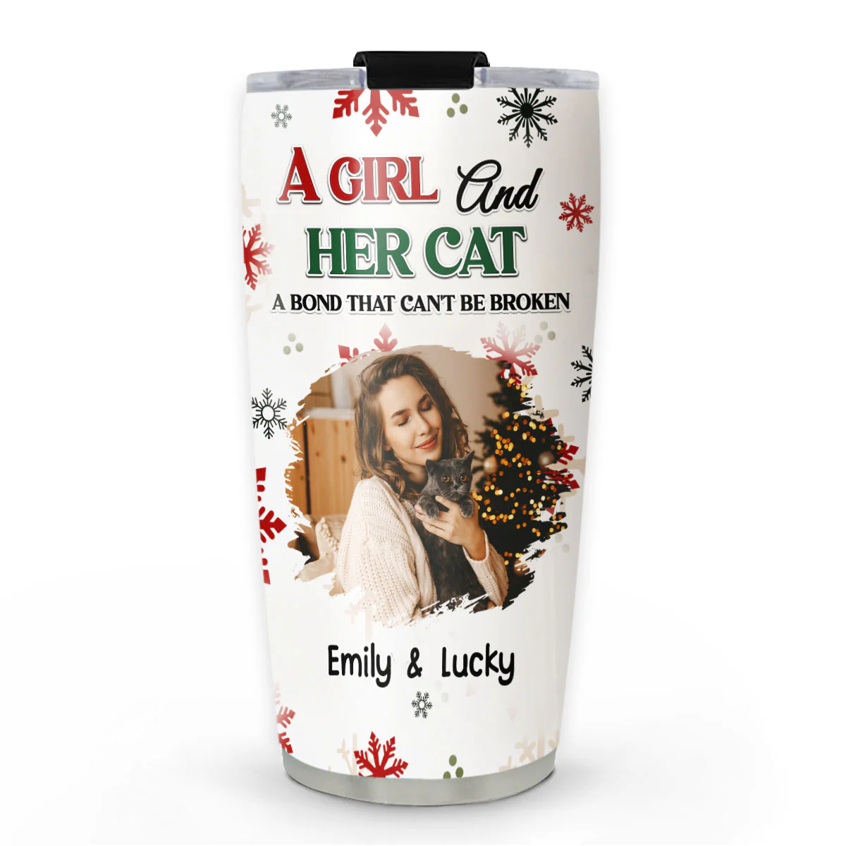 A Girl And Her Cat Love Christmas Photo - Personalized Custom Tumbler