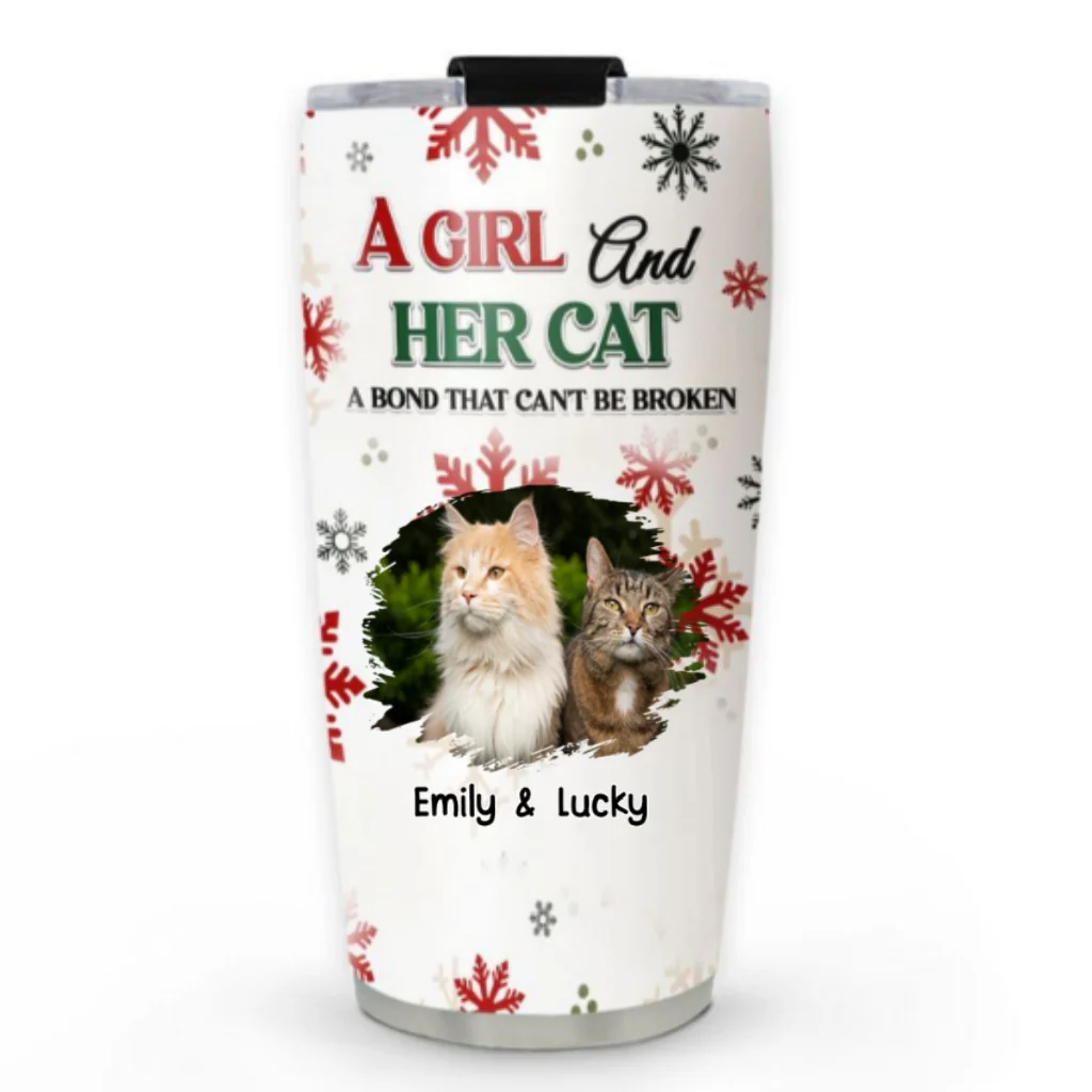 A Girl And Her Cat Love Christmas Photo - Personalized Custom Tumbler - Image 3