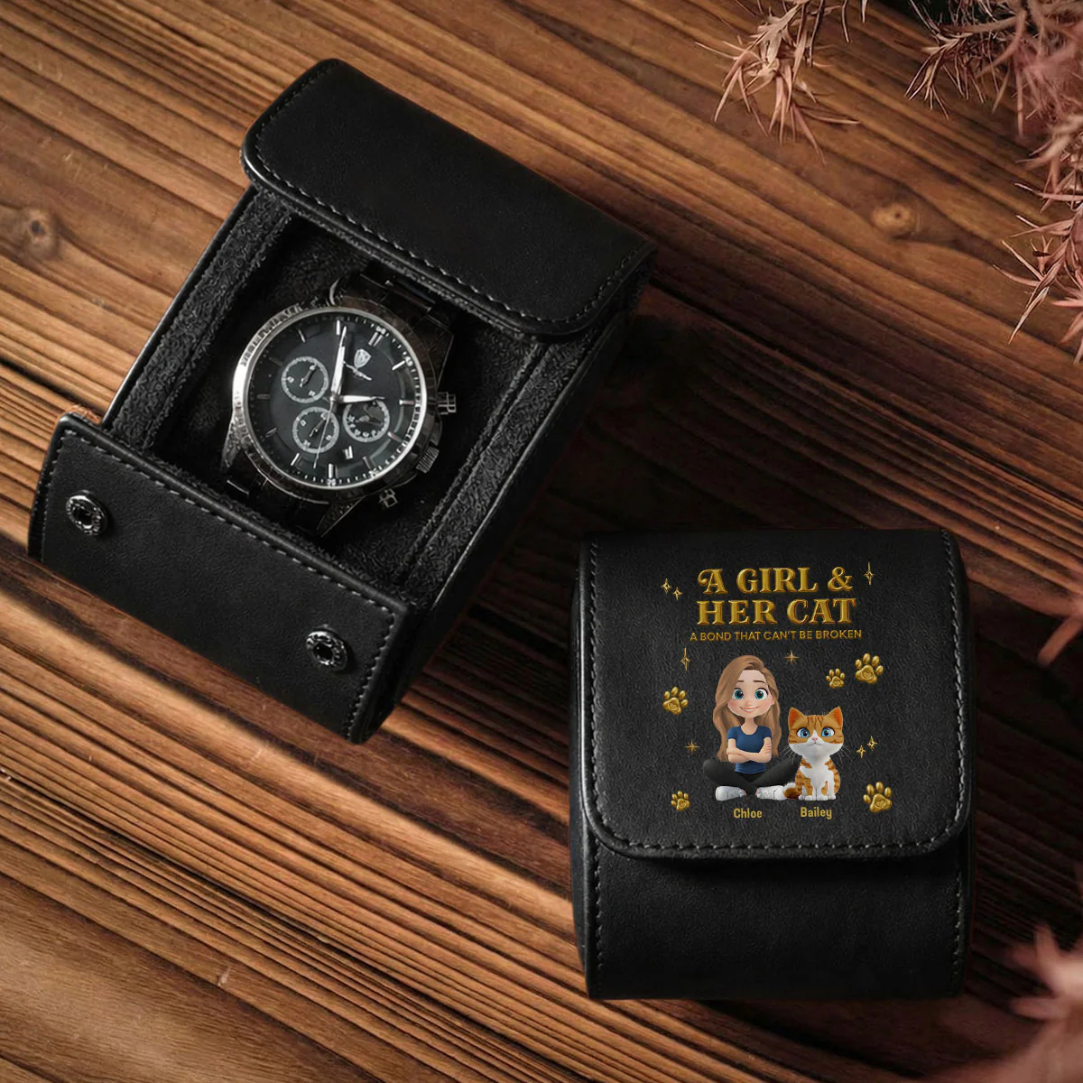 A Girl And Her Cat - Personalized Custom Leather Watch Case - Image 2