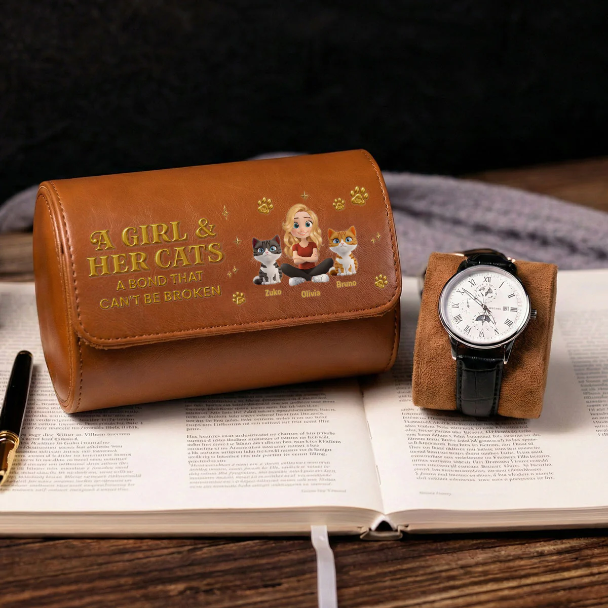 A Girl And Her Cat - Personalized Custom Leather Watch Case - Image 3