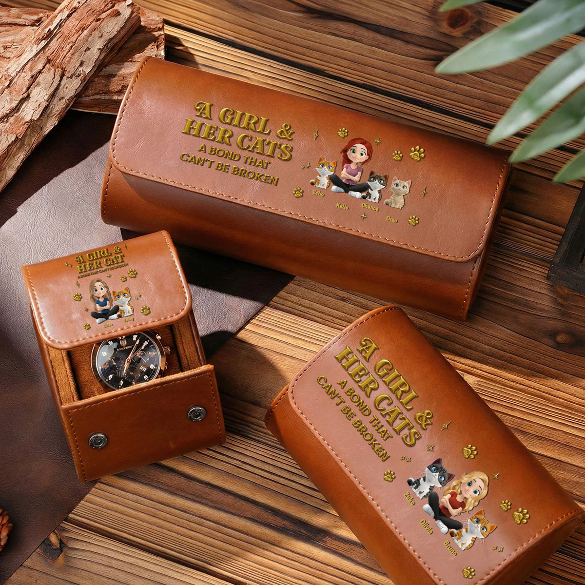 A Girl And Her Cat - Personalized Custom Leather Watch Case - Image 5