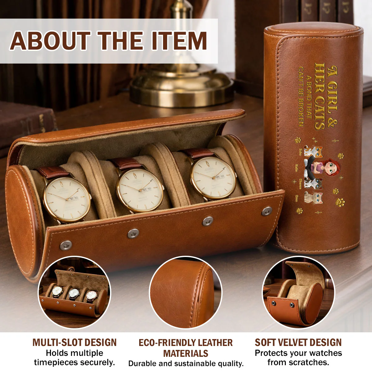 A Girl And Her Cat - Personalized Custom Leather Watch Case - Image 7