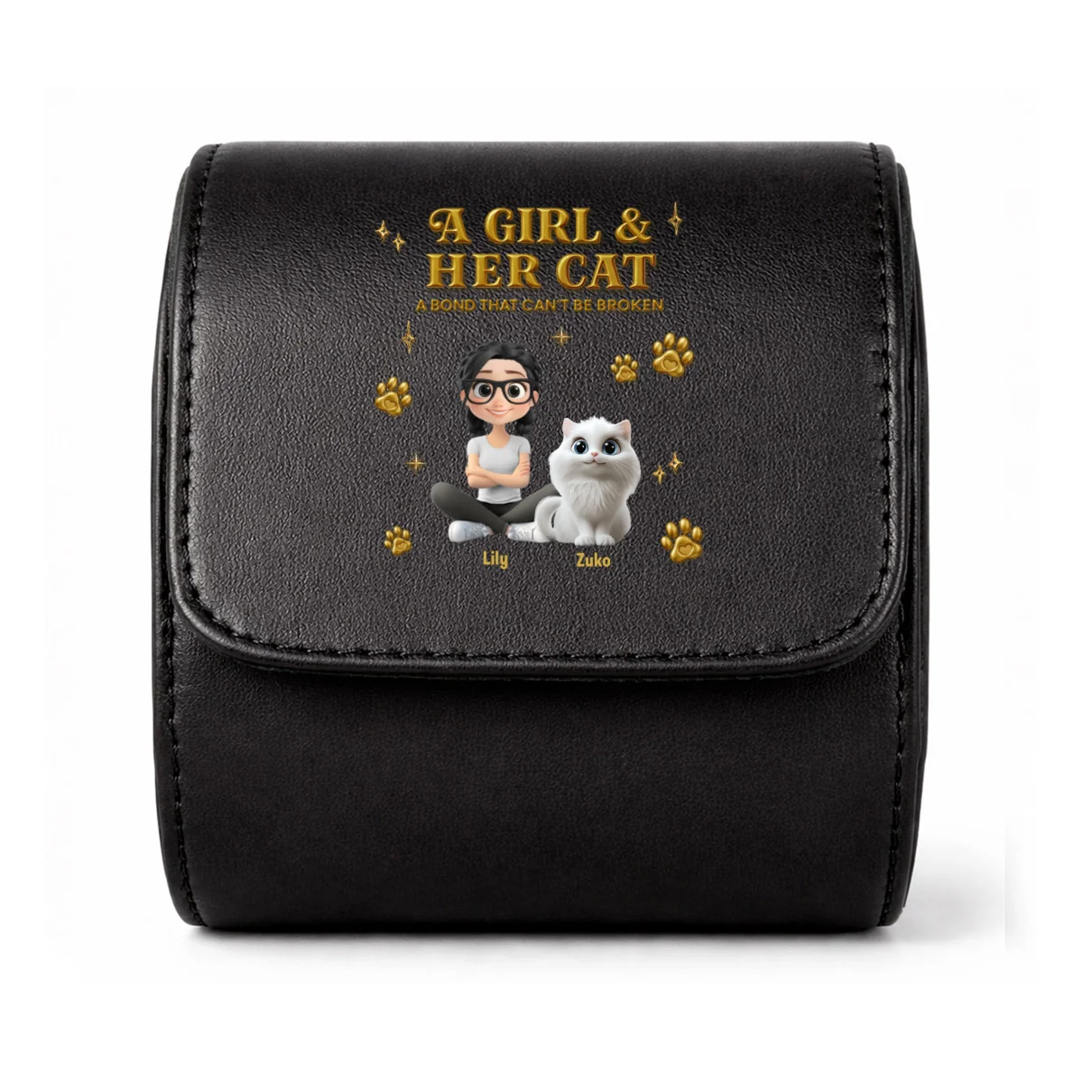 A Girl And Her Cat - Personalized Custom Leather Watch Case - Image 8