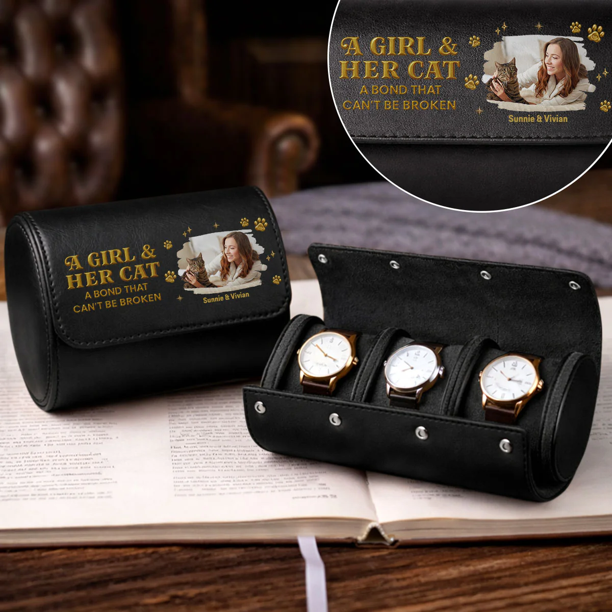 A Girl And Her Cat Photo - Personalized Custom Leather Watch Case