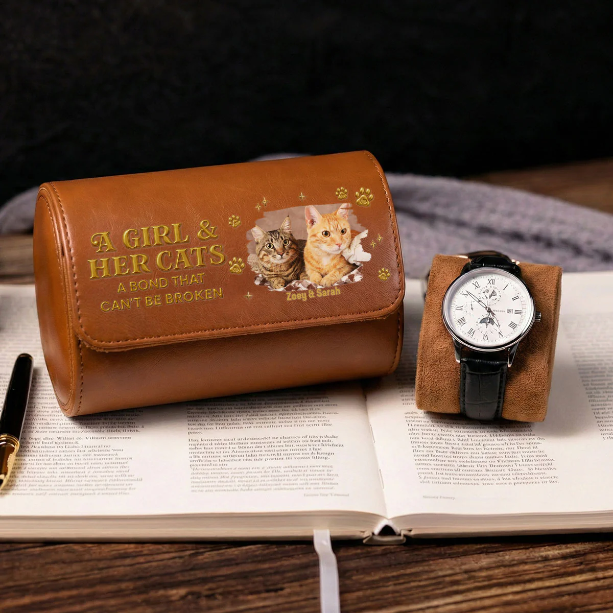 A Girl And Her Cat Photo - Personalized Custom Leather Watch Case - Image 3