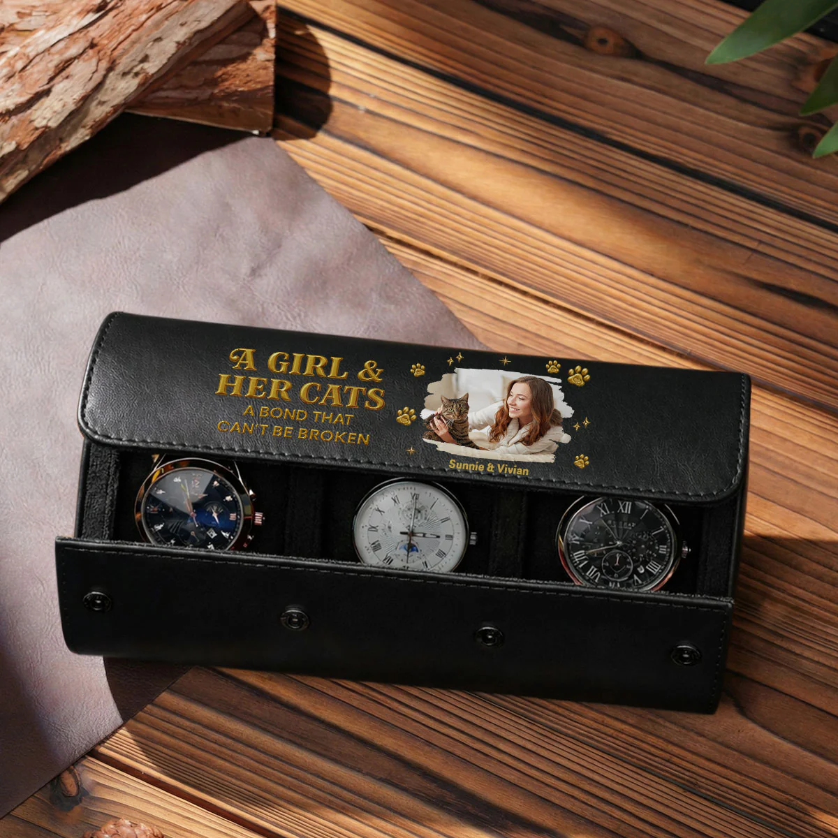A Girl And Her Cat Photo - Personalized Custom Leather Watch Case - Image 4