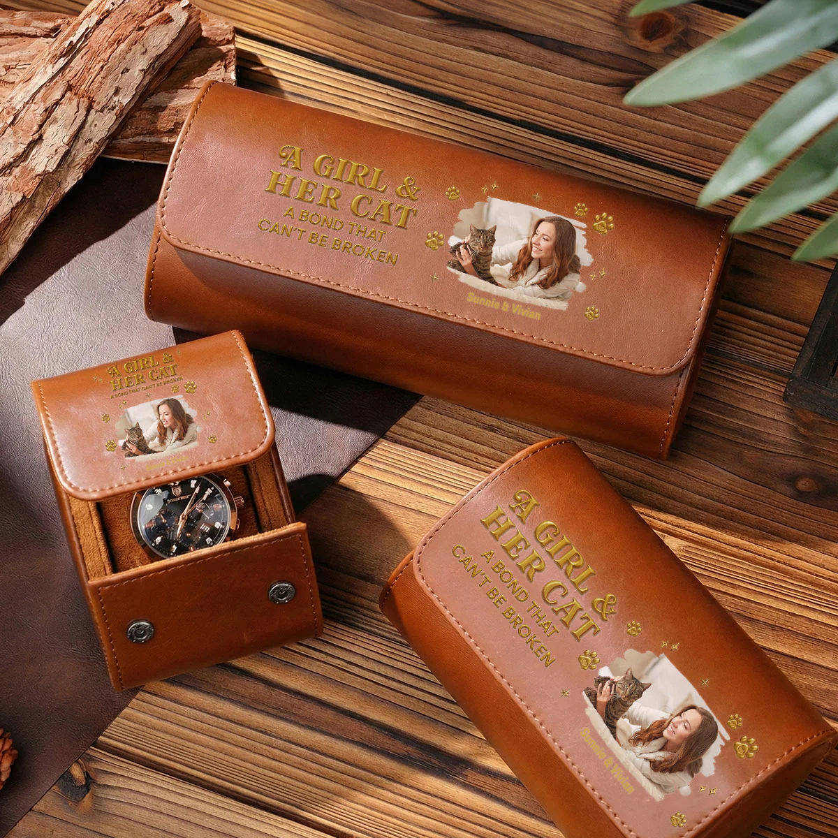 A Girl And Her Cat Photo - Personalized Custom Leather Watch Case - Image 5
