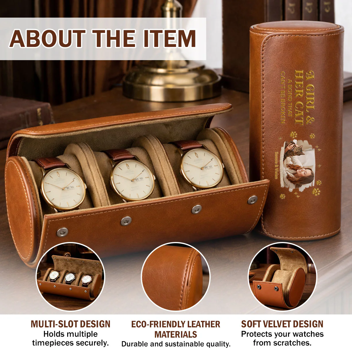 A Girl And Her Cat Photo - Personalized Custom Leather Watch Case - Image 7