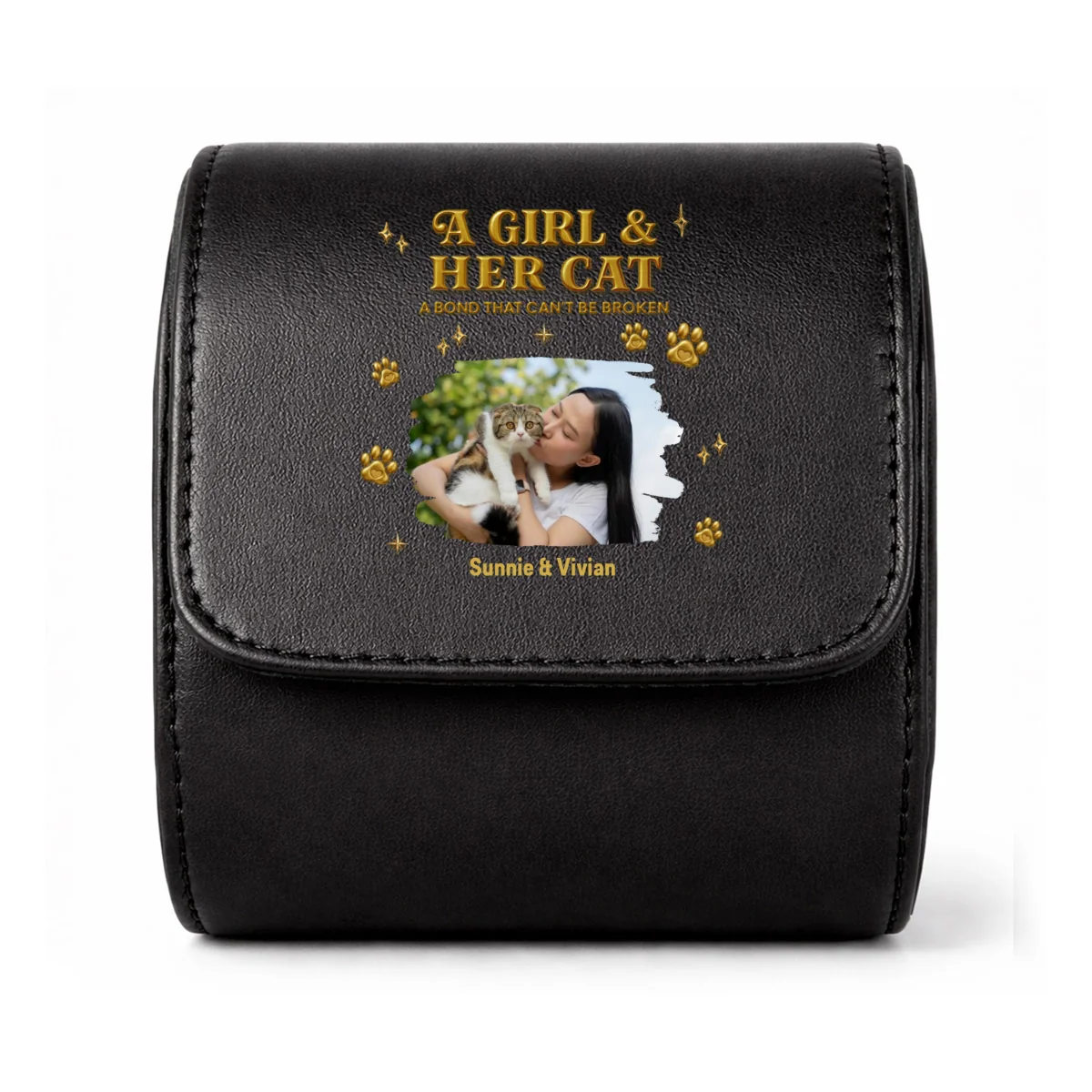 A Girl And Her Cat Photo - Personalized Custom Leather Watch Case - Image 8