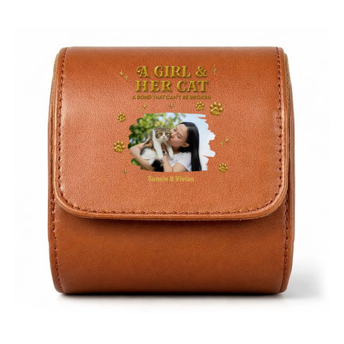 A Girl And Her Cat Photo - Personalized Custom Leather Watch Case - Image 9