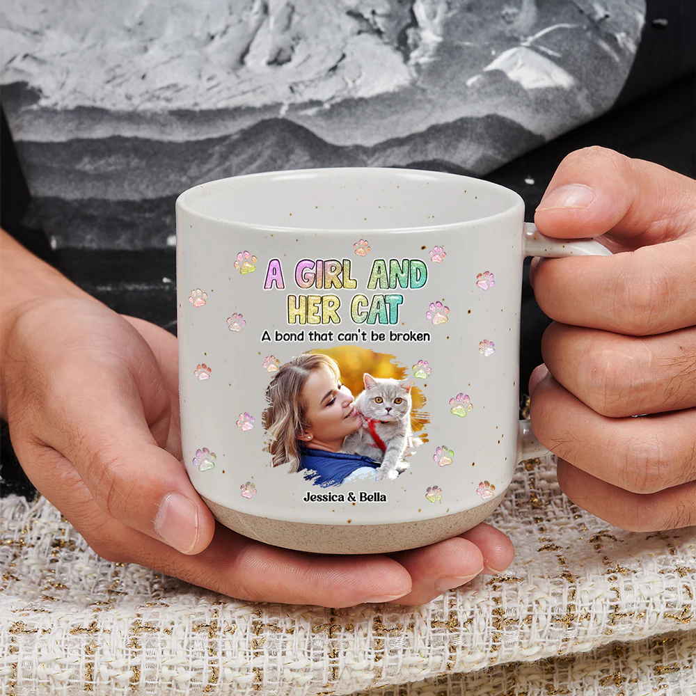 A Girl And Her Cat Photo - Personalized Custom Pottery Mug - Image 3