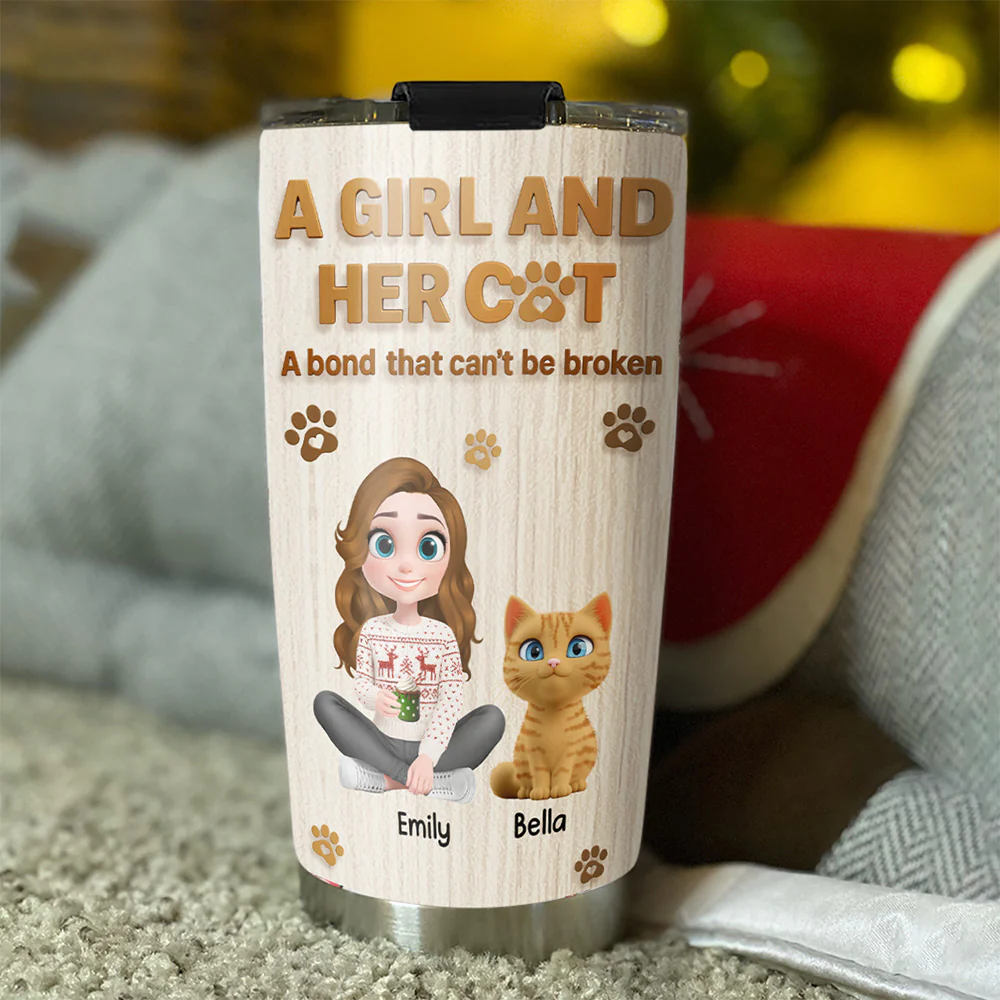A Girl And Her Cat Snowball - Personalized Custom Tumbler - Image 3