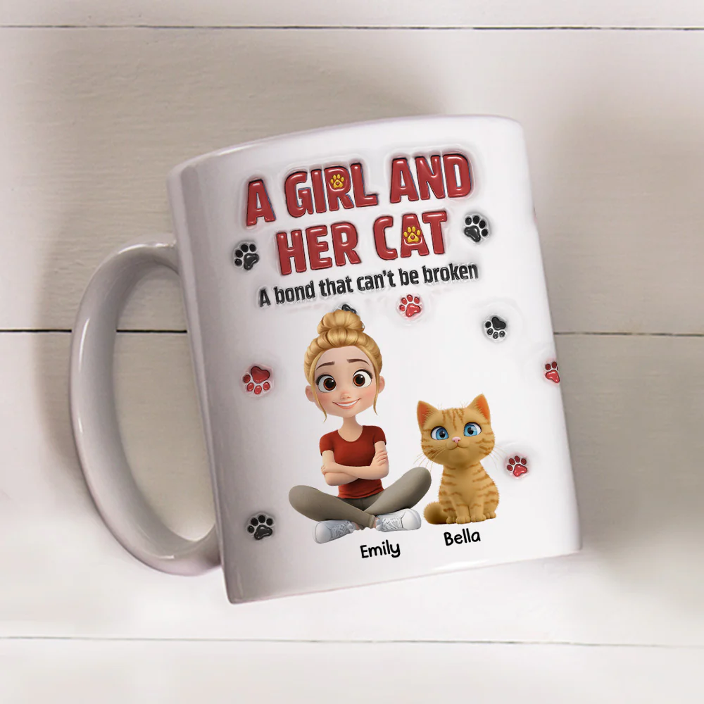 A Girl And Her Cat Version 2 - Personalized Custom 3D Inflated Effect Mug - Image 4