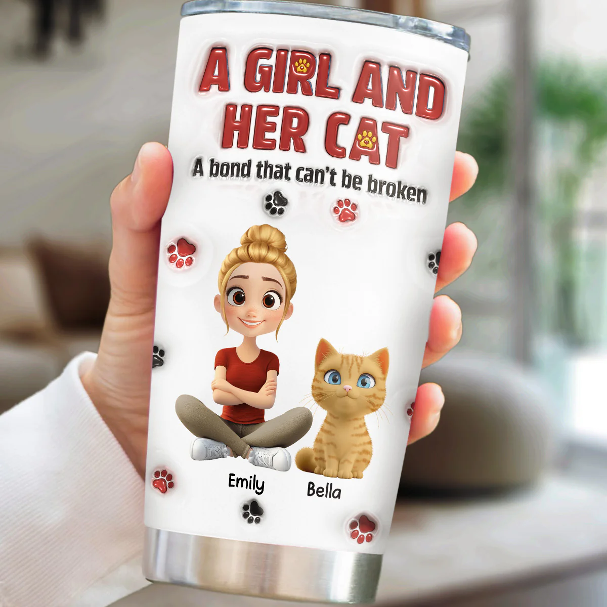 A Girl And Her Cat Version 2 - Personalized Custom 3D Inflated Effect Tumbler - Image 2