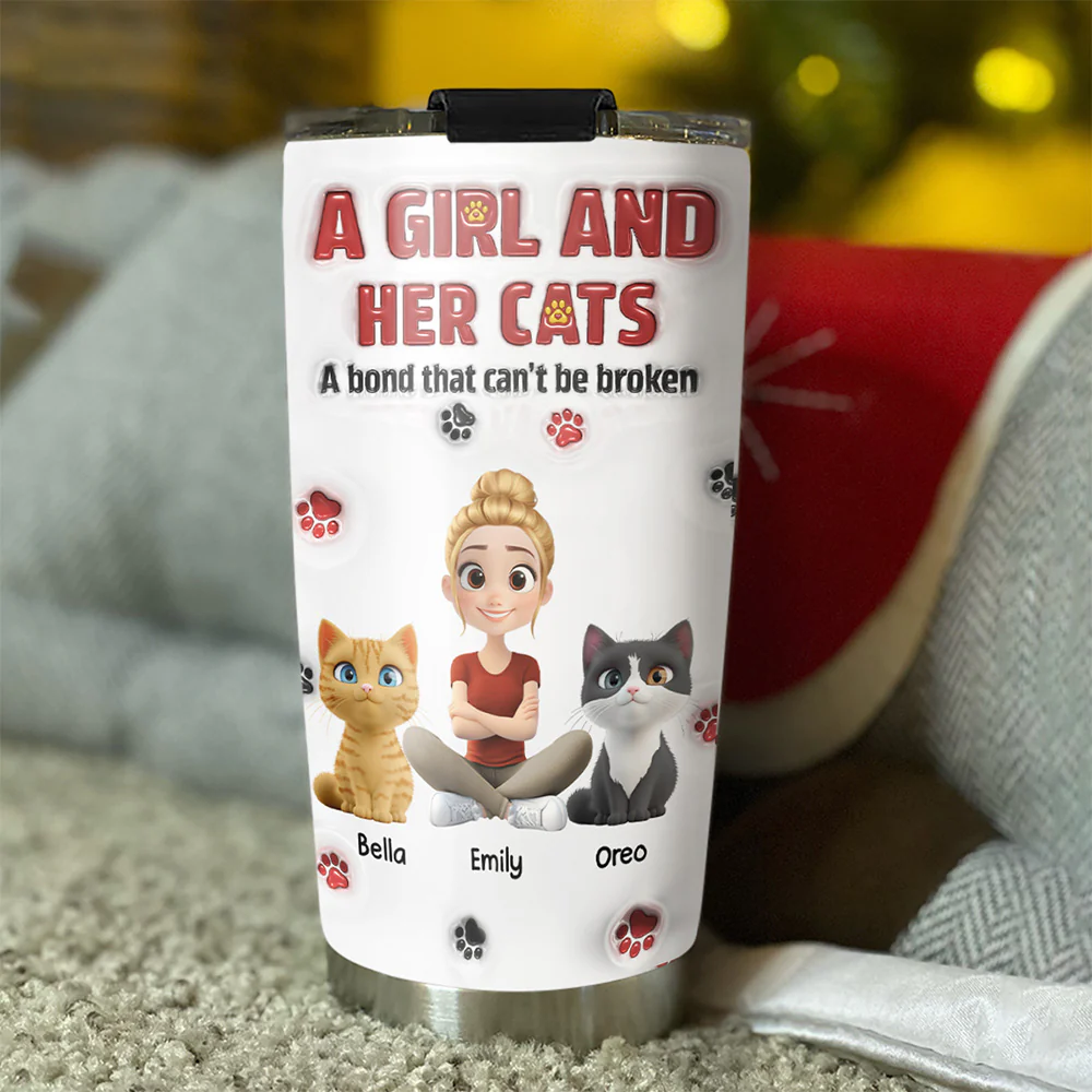 A Girl And Her Cat Version 2 - Personalized Custom 3D Inflated Effect Tumbler - Image 3
