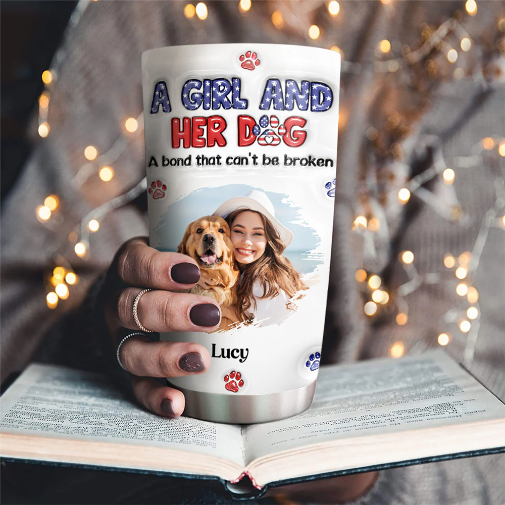 A Girl And Her Dog American Ver Photo - Personalized Custom 3D Inflated Effect Tumbler - Image 2
