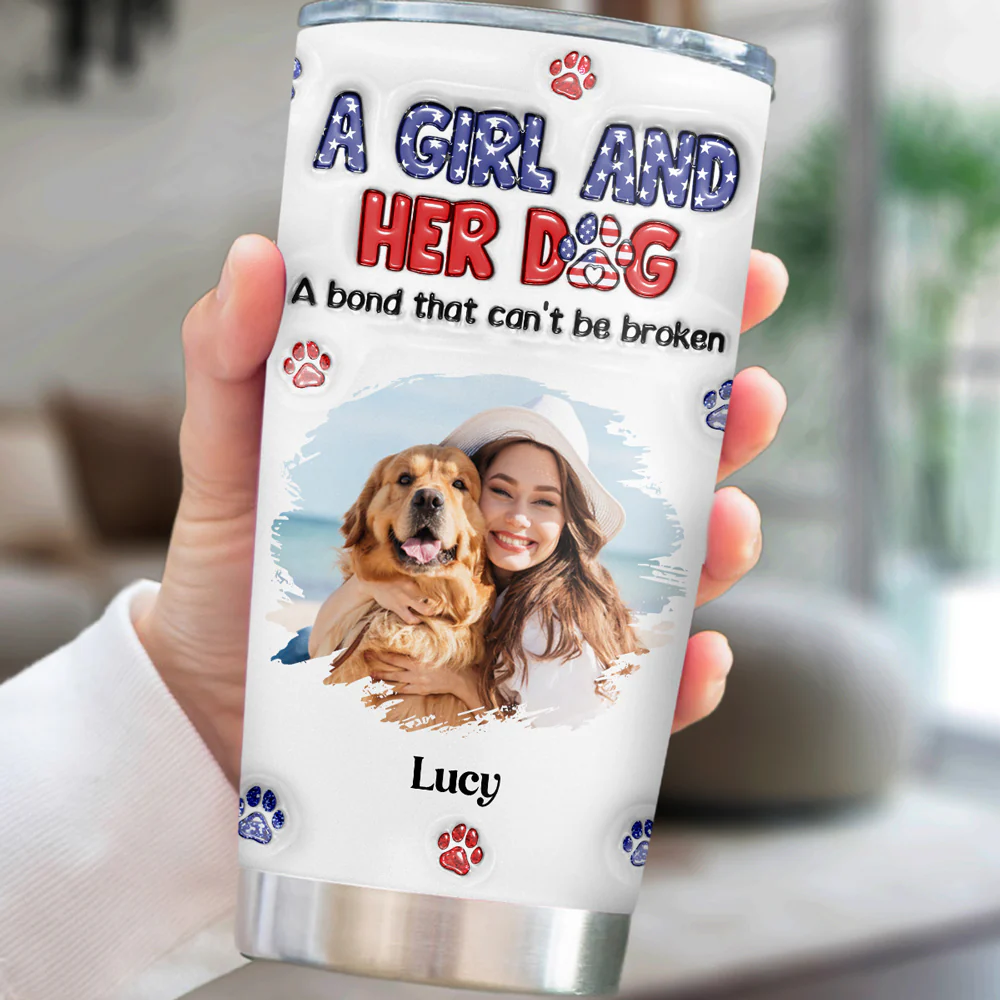A Girl And Her Dog American Ver Photo - Personalized Custom 3D Inflated Effect Tumbler - Image 4