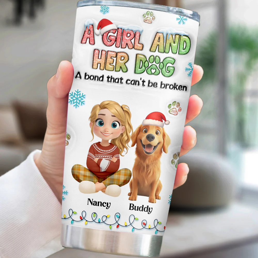 A Girl And Her Dog Christmas - Personalized Custom 3D Inflated Effect Tumbler - Image 3