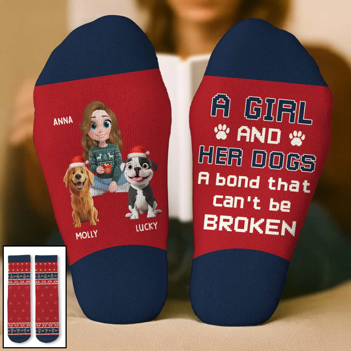 A Girl And Her Dog Christmas - Personalized Custom Crew Socks - Image 2