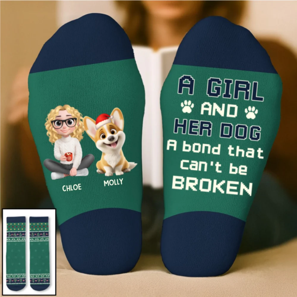 A Girl And Her Dog Christmas - Personalized Custom Crew Socks - Image 9