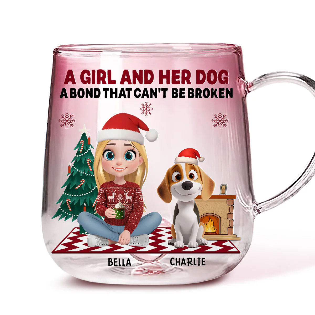 A Girl And Her Dog Christmas - Personalized Custom Pink Gradient Glass Mug