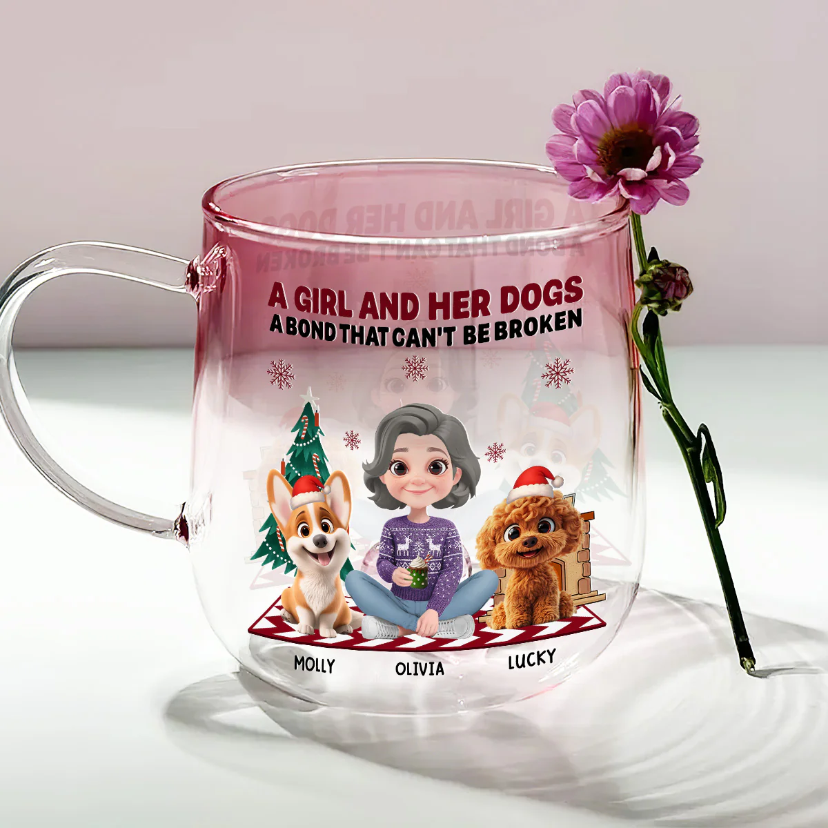 A Girl And Her Dog Christmas - Personalized Custom Pink Gradient Glass Mug - Image 2