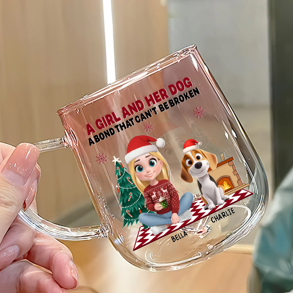 A Girl And Her Dog Christmas - Personalized Custom Pink Gradient Glass Mug - Image 3