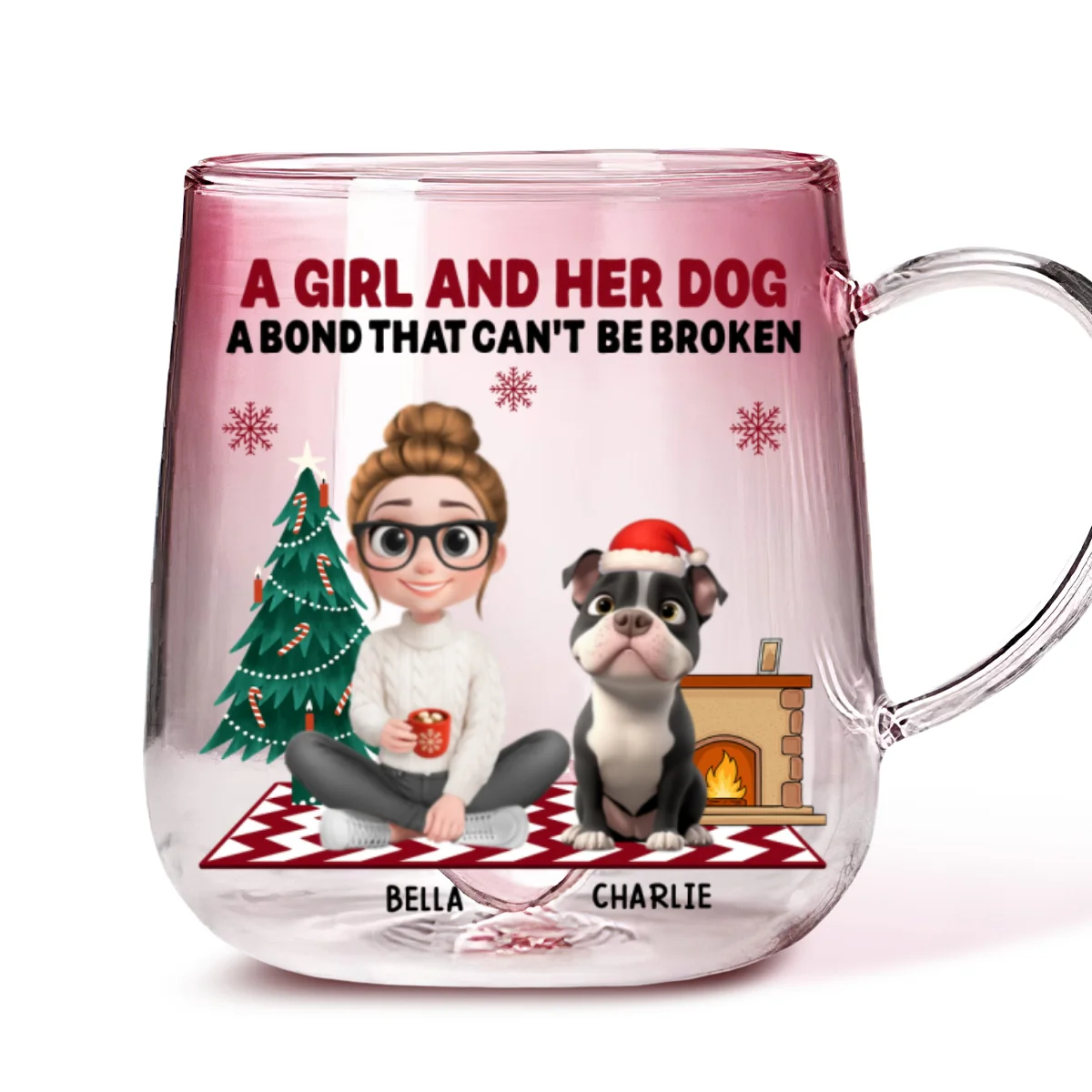 A Girl And Her Dog Christmas - Personalized Custom Pink Gradient Glass Mug - Image 5