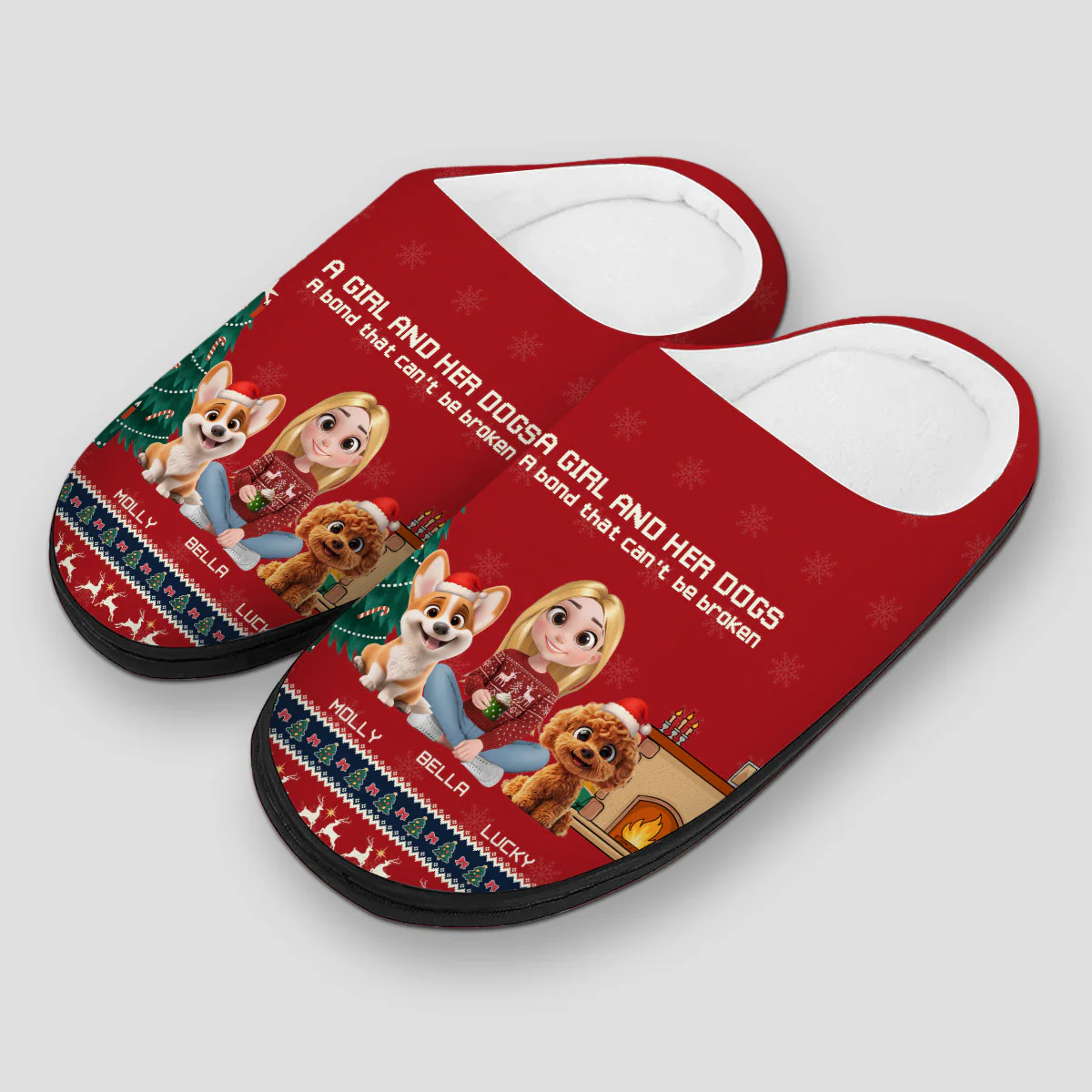 A Girl And Her Dog Christmas - Personalized Custom Plush Slippers - Image 3