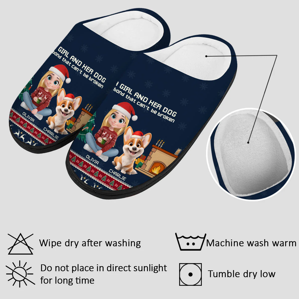 A Girl And Her Dog Christmas - Personalized Custom Plush Slippers - Image 4