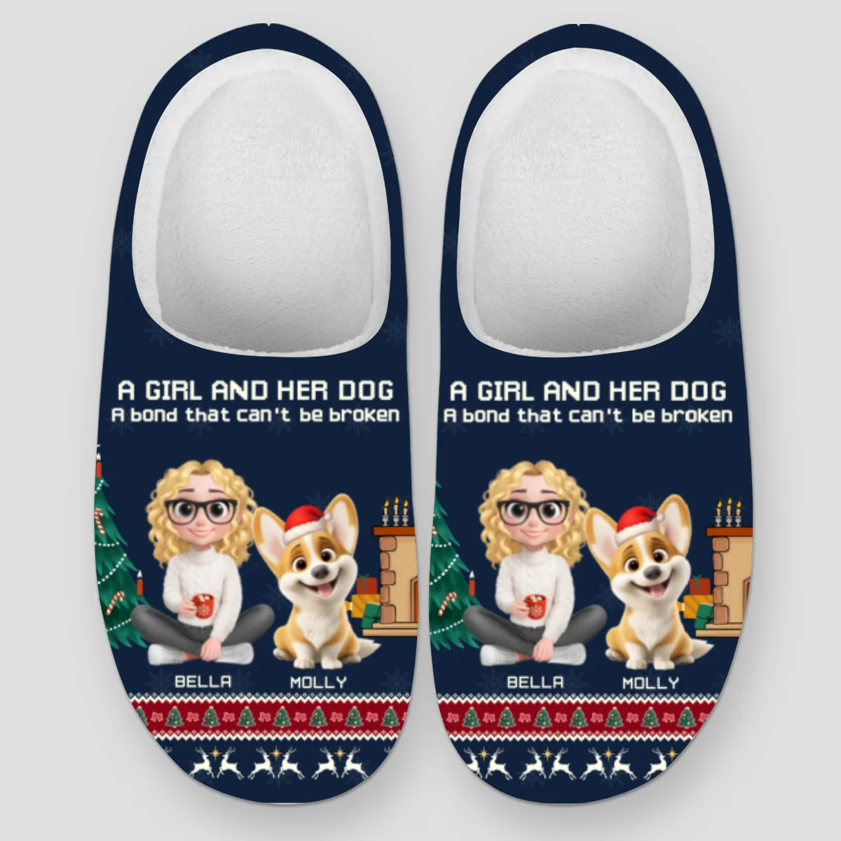A Girl And Her Dog Christmas - Personalized Custom Plush Slippers - Image 5