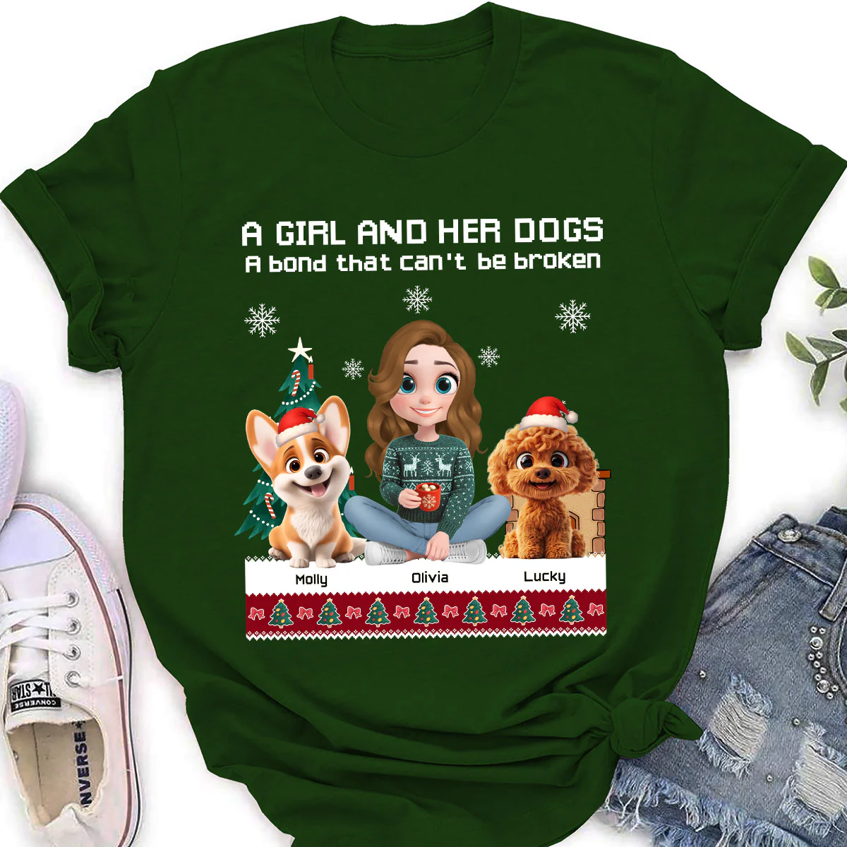 A Girl And Her Dog Christmas - Personalized Custom Women's T-Shirt - Image 4